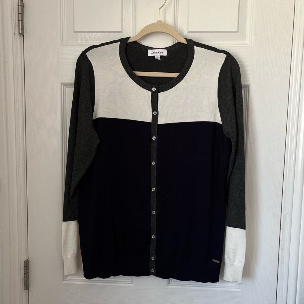 Calvin Klein womens cardigan sz L navy blue white and gray